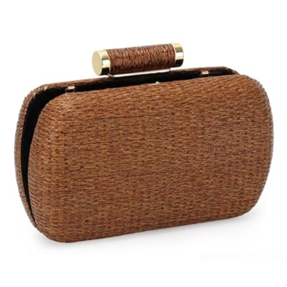 Rattan Hard Case Clutch Purse Brown Boho Woven Wicker Bag Crossbody Chain Strap - Picture 14 of 14